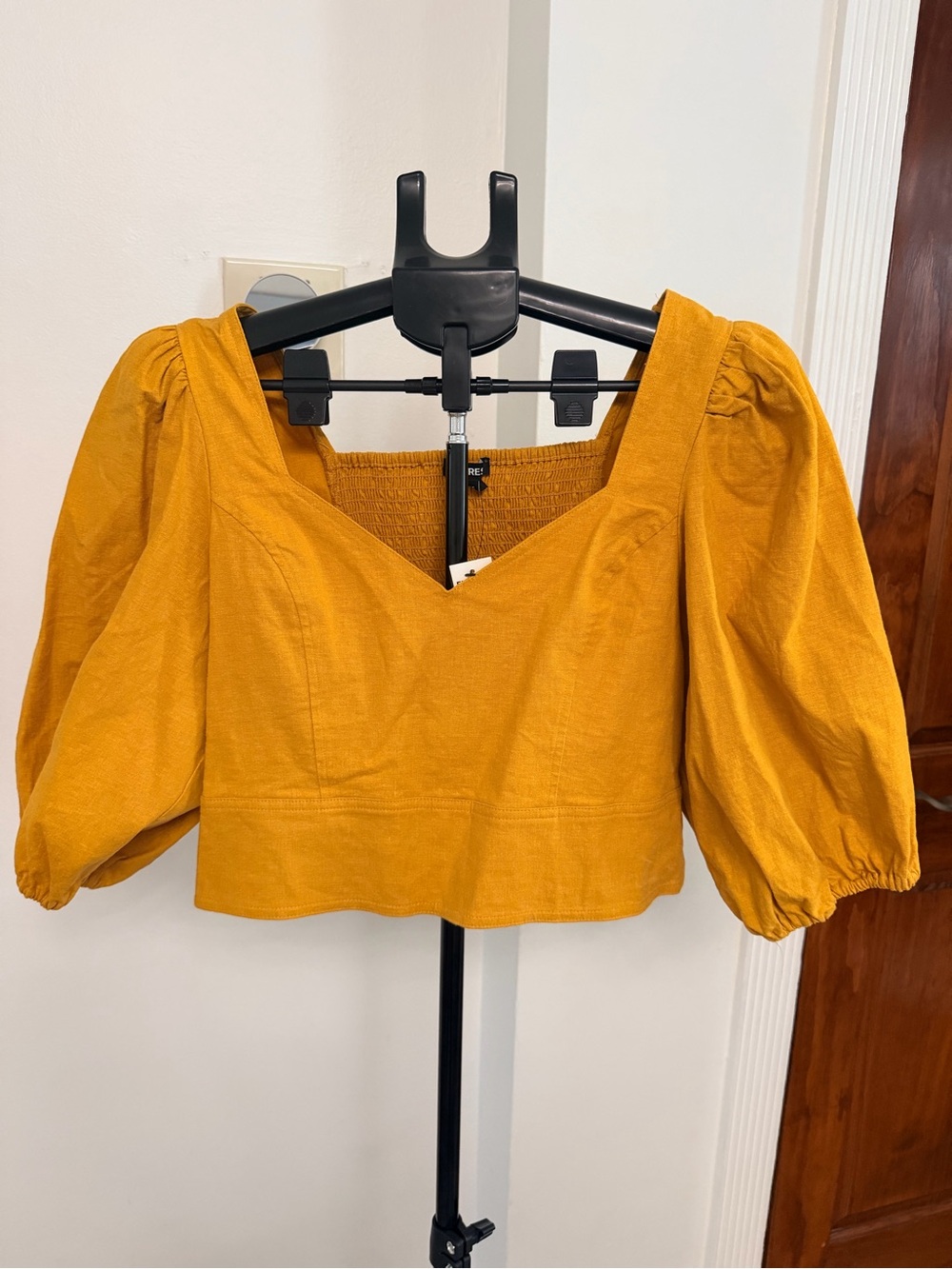 Express Mustard Puff-Sleeve Square-Neck Crop Top